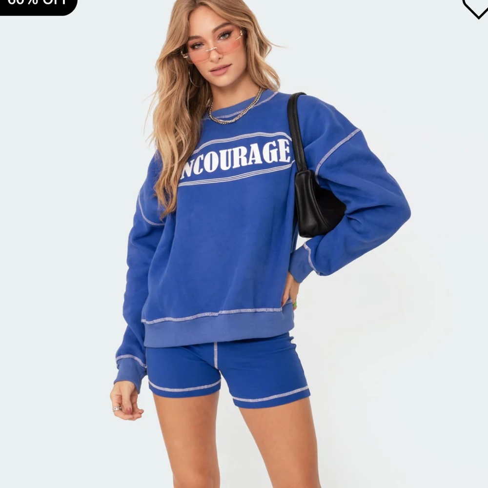 Blue sweatshirt and biker shorts set, size L. (Message to sell items separately)